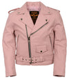 Pink leather motorcycle jacket for girls, classic style by Milwaukee Leather, featuring a sleek design and detailed stitching.