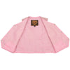 Inside view of Milwaukee Leather girls' pink three-snap leather vest for kids, showing pink leather and snap closures.