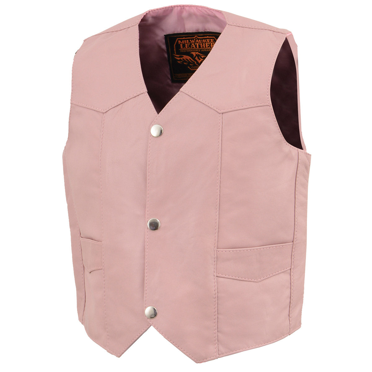 Girls pink leather vest with three snap buttons, part of Milwaukee Leather's kids clothing collection, shown in pink.