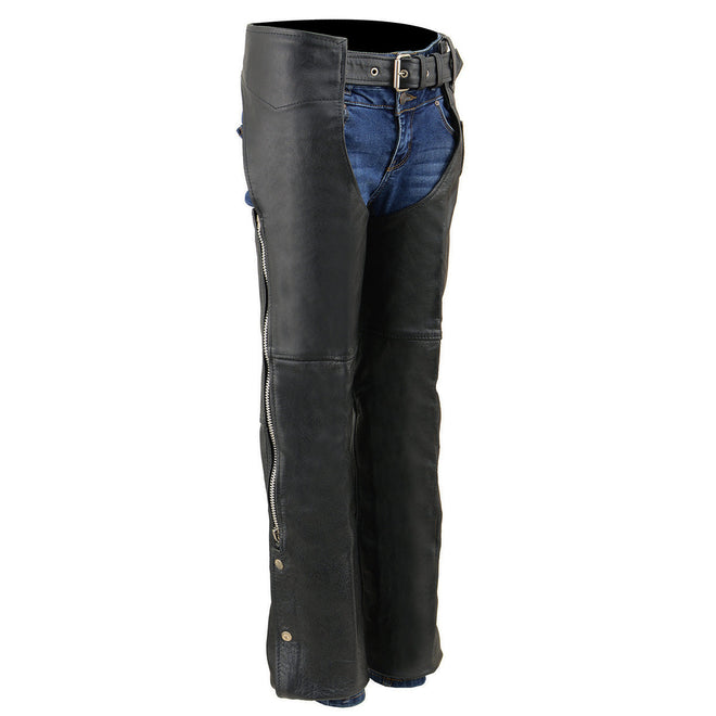 Milwaukee Leather Kids black classic leather chaps, unisex, with detailed stitching and buckle closures, designed for kids' clothing.