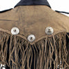 Back view of Milwaukee Leather women's fringed two-tone cropped jacket with braided detail, showcasing stylish leather design and craftsmanship.