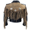 Milwaukee Leather ladies’ fringed two-tone cropped leather jacket with braiding detail, shown from the back.