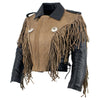 Milwaukee Leather women's Leather King SH2015 fringed cropped two-tone jacket with braiding detail, front view.