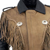 Milwaukee Leather women's fringed cropped two-tone leather jacket with braiding detail, front view showing stylish design and craftsmanship.