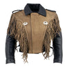 Milwaukee Leather women's leather jacket with fringed design, two-tone color, and braided detail, styled as a cropped women's jacket.