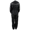 Milwaukee Leather women's black and grey waterproof rain suit with armored and hooded design, shown from the back.