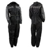 Milwaukee Leather women's black and grey waterproof rain suit with armored and hooded design, shown from side view.