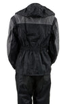 Milwaukee Leather women's black and grey waterproof rain suit with armor, hood, and full coverage for outdoor protection.
