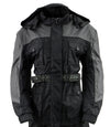 Milwaukee Leather NexGen women's black and grey waterproof rain suit with armored and hooded design, suitable for wet weather.