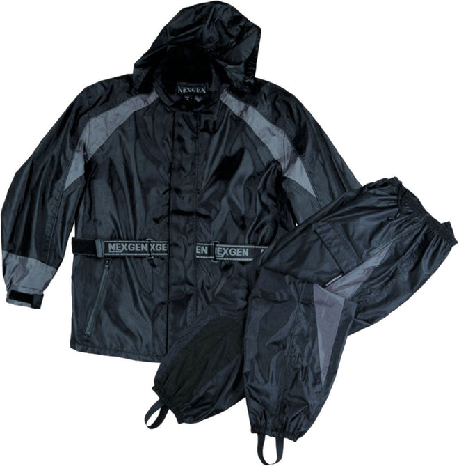 Milwaukee Leather NexGen men's black and grey waterproof hooded rain suit with armored design, suitable for wet weather.