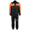 Milwaukee Leather NexGen men's black and orange waterproof hooded rain suit with armored details, ideal for wet weather protection.