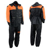 Milwaukee Leather NexGen men's black and orange waterproof armored rain suit with hood, designed for outdoor protection.