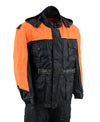 Milwaukee Leather NexGen men's black and orange waterproof armored rain suit with hood, designed for outdoor protection.