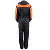 Milwaukee Leather NexGen Ladies black and orange armored waterproof rain suit with hood, viewed from the back.