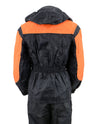 Milwaukee Leather NexGen Ladies black and orange armored waterproof rain suit with hood, designed for rain protection and durability.
