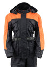 Milwaukee Leather NexGen Ladies black and orange armored waterproof rain suit with hood, designed for outdoor protection.