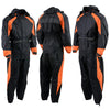 Milwaukee Leather NexGen Men's black and orange waterproof armored rain suit with hood, designed for outdoor protection.