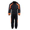 Milwaukee Leather NexGen men's black and orange waterproof armored rain suit with hood, front view showing durable fabric and protective design.