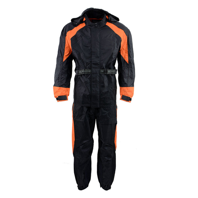 Milwaukee Leather NexGen men's black and orange waterproof armored rain suit with hood, front view showing durable fabric and protective design.