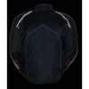 Milwaukee Leather men's black and blue armored moto jacket with textile and leather panels, featuring protective armor details.