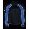 Milwaukee Leather men's black and blue armored moto jacket with textile and leather panels, featuring protective padding and a sleek design.