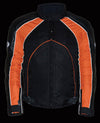 Milwaukee Leather NexGen SH2153 men's black and orange armored moto jacket with textile and leather panels, front view.