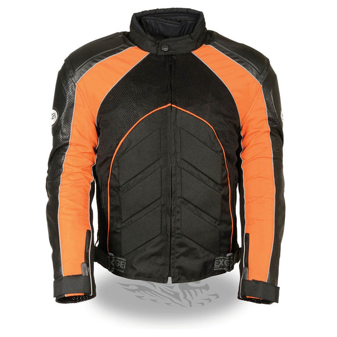 Milwaukee Leather NexGen SH2153 men's black and orange armored moto textile and leather combo jacket with protective padding.