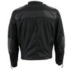 Milwaukee Leather NexGen Men’s SH2177 black leather and textile vented racer jacket, view of back showing design and vents.