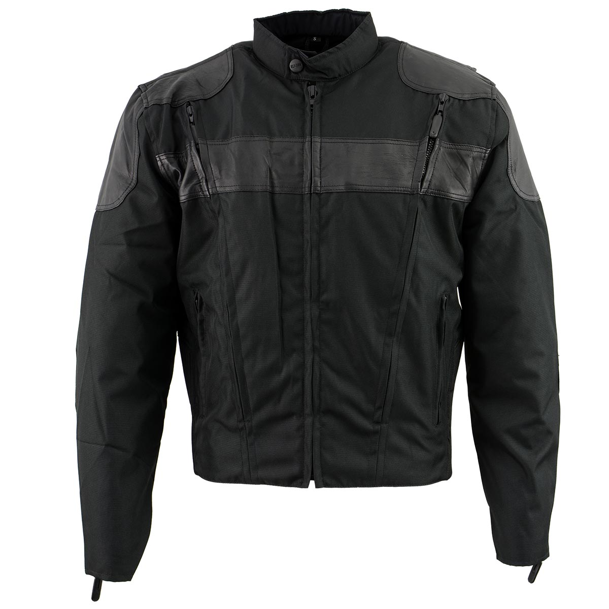 Milwaukee Leather NexGen Men’s black leather and textile vented racer jacket with front zipper and stylish design.