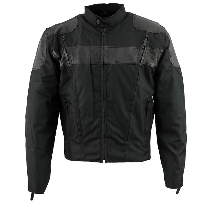 Milwaukee Leather NexGen Men’s black leather and textile vented racer jacket with front zipper and stylish design.
