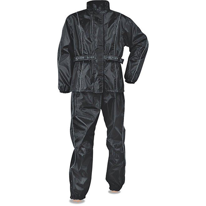 Milwaukee Leather Black Women lightweight Oxford nylon rain suit with water-resistant design, shown on a hanger.