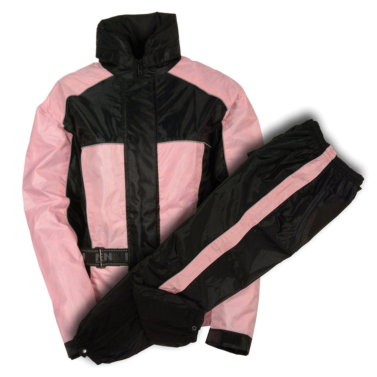 Milwaukee Leather pink and black waterproof rain suit for women, featuring Oxford fabric, designed for protection in rainy weather.