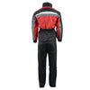 Milwaukee Leather NexGen men's black and red hooded waterproof rain suit shown from the back, featuring durable material and adjustable hood.