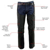 Milwaukee Leather NexGen SH2258 men's black textile riding chaps with heat protection, showing detailed stitching and adjustable straps.