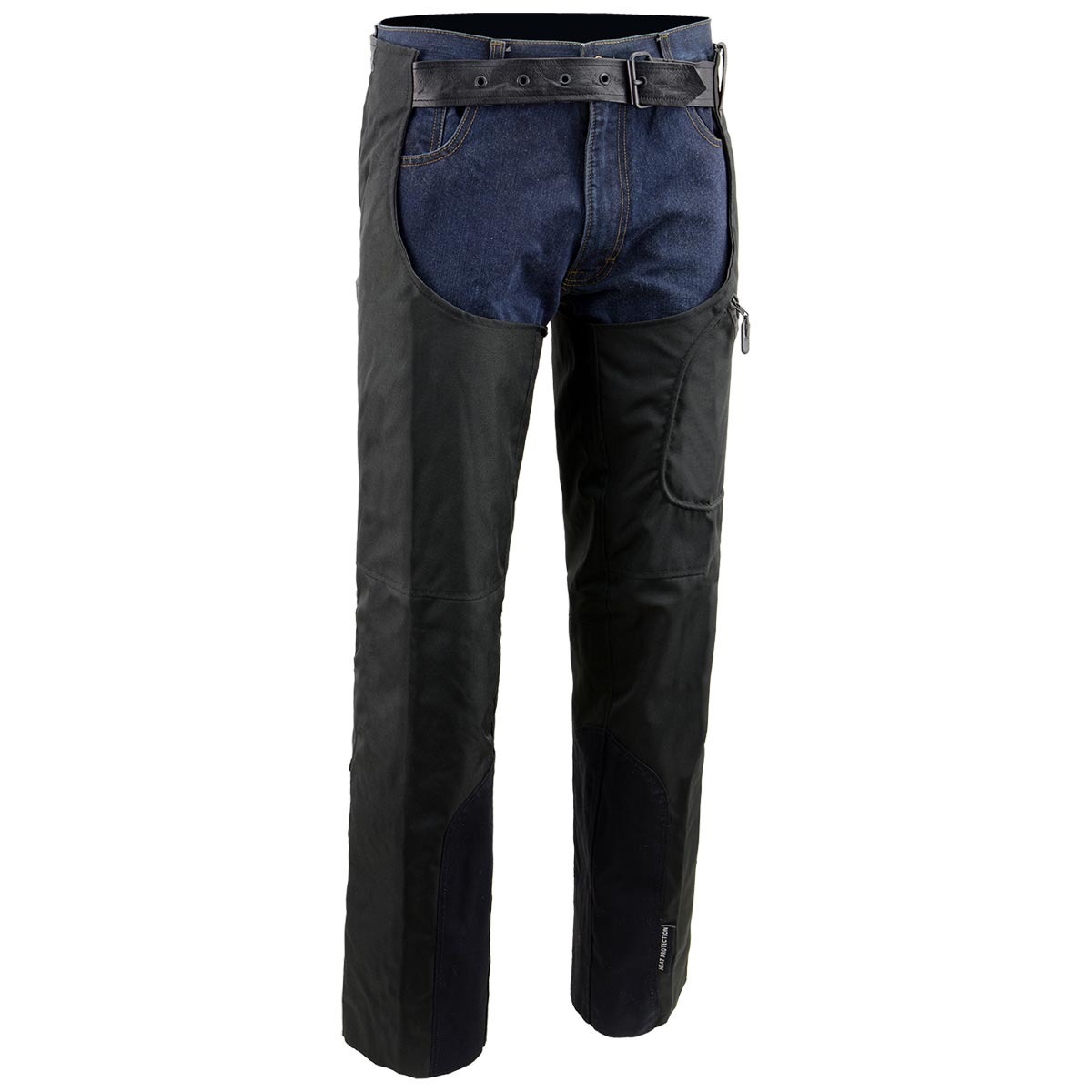 Milwaukee Leather NexGen SH2258 men's black textile riding chaps with heat protection, featuring adjustable straps and rugged design.