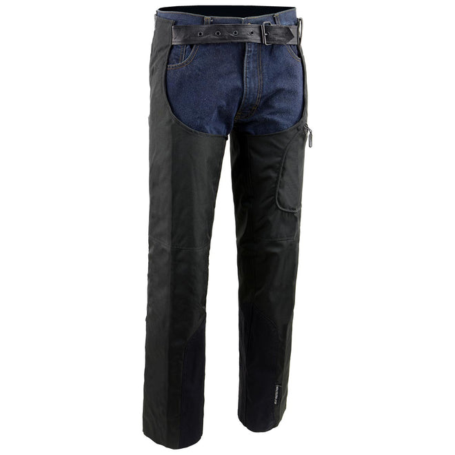 Milwaukee Leather NexGen SH2258 men's black textile riding chaps with heat protection, featuring adjustable straps and rugged design.