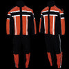 Milwaukee Leather men's water-resistant rain suit in black and orange with reflective tape, front and side view at night.