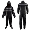 Milwaukee Leather men's black water-resistant rain suit with hood and reflective tape, front and back view.