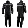 Milwaukee Leather men's black water-resistant rain suit with reflective tape, front, side, and back views.