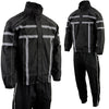 Milwaukee Leather men's black water-resistant rain suit with reflective tape, front view showing waterproof material and reflective details.