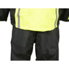 Milwaukee Leather men's black and neon green water-resistant motorcycle rain suit with reflective tape, designed for outdoor riding.