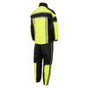 Milwaukee Leather men's black and neon green water-resistant motorcycle rain suit with reflective tape, designed for outdoor riding.