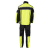 Milwaukee Leather men's black and neon green water-resistant motorcycle rain suit with reflective tape, designed for outdoor riding.