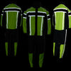 Milwaukee Leather men's black and neon green water-resistant motorcycle rain suit with reflective tape, designed for outdoor riding.