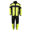 Milwaukee Leather men's black and neon green waterproof motorcycle rain suit with reflective tape, designed for outdoor and rain protection.