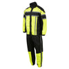 Milwaukee Leather men's black and neon green water-resistant motorcycle rain suit with reflective tape, suitable for outdoor riding.