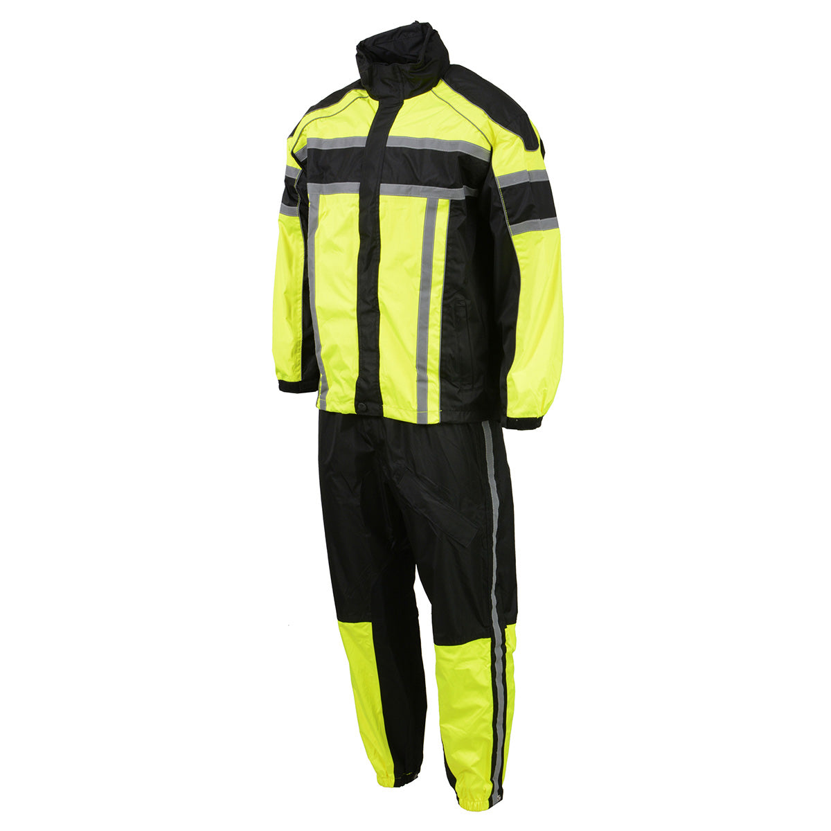 Milwaukee Leather men's black and neon green water-resistant motorcycle rain suit with reflective tape, suitable for outdoor riding.
