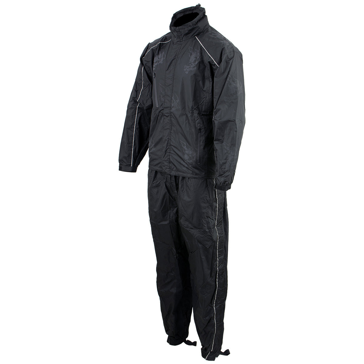 Milwaukee Leather NexGen SH2334 men's black waterproof rain suit with reflective flame skull design and hood for outdoor protection.