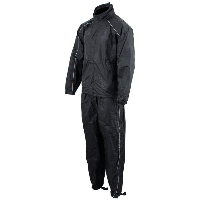Milwaukee Leather NexGen SH2334 men's black waterproof rain suit with reflective flame skull design and hood for outdoor protection.