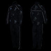 Milwaukee Leather NexGen SH2334 men's black waterproof rain suit with reflective flame skull design, shown from the night side.